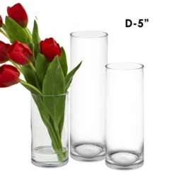 18 Pcs Glass Cylinder Vases Set Of 3, H-10", 14", 18" D-5", Total Of 6 Sets