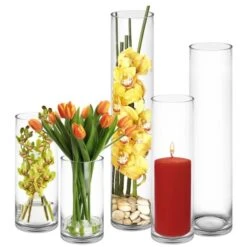 6 PCS Glass Cylinder Vases 5" Opening Centerpieces. H-10", 14", 18", 24", 28"