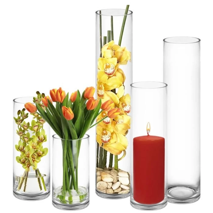 6 PCS Glass Cylinder Vases 5" Opening Centerpieces. H-10", 14", 18", 24", 28"