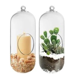 Glass Hanging Capsule Plant Terrarium Tealight Candle Holder, H-12" W-4.25" (Wholesale 12 PCS/Case)