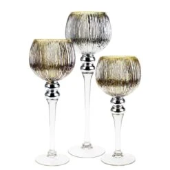 Set Of 3 Mercury Gold Etched Glass, H-12" H-14" H-16" (Wholesale 3 SETS/Case)