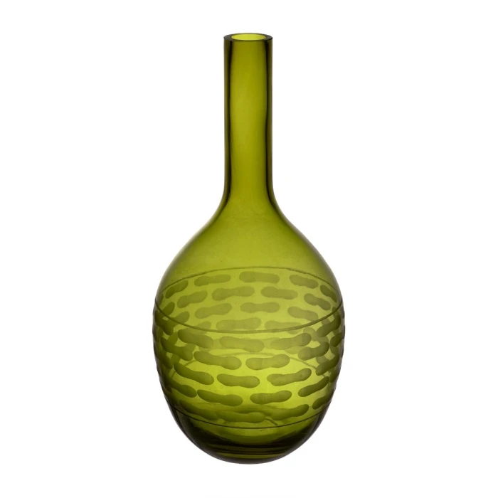 Decorative Olive Green Carved Glass Vase H-14.5" D-1.5" (Wholesale 6 Pcs Per Case)