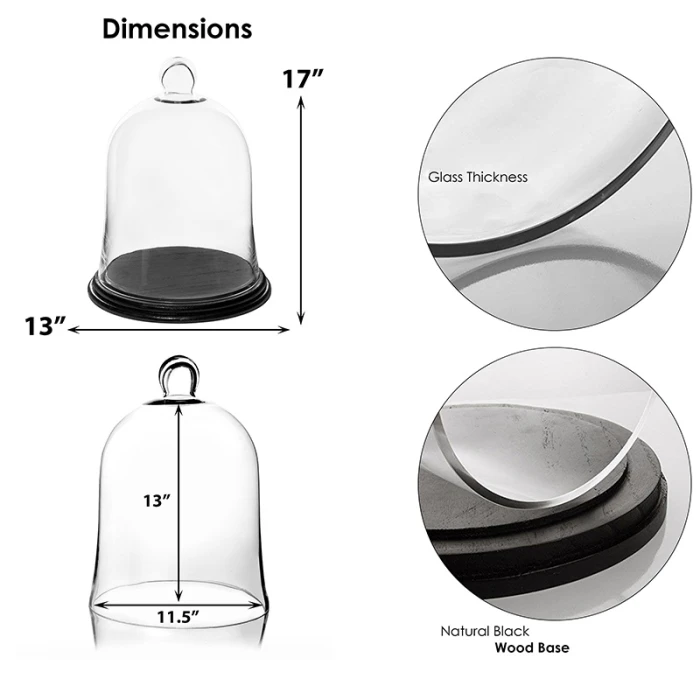 Glass Bell Dome Cloche With Black Wood Base, H-17" D-13" (Wholesale 2 PCS/Case) - Image 2