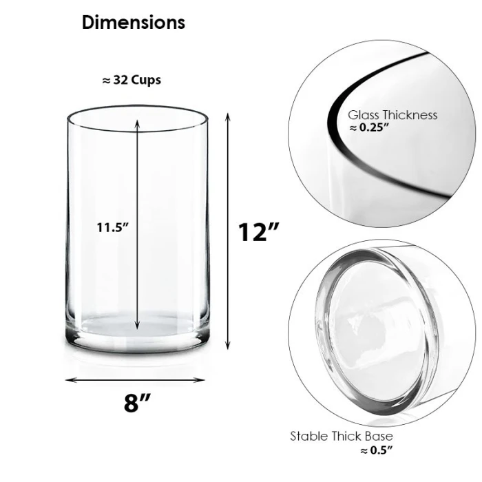 Glass Cylinder Vase, H-12" D-8" (Wholesale 4 PCS/Case) - Image 2