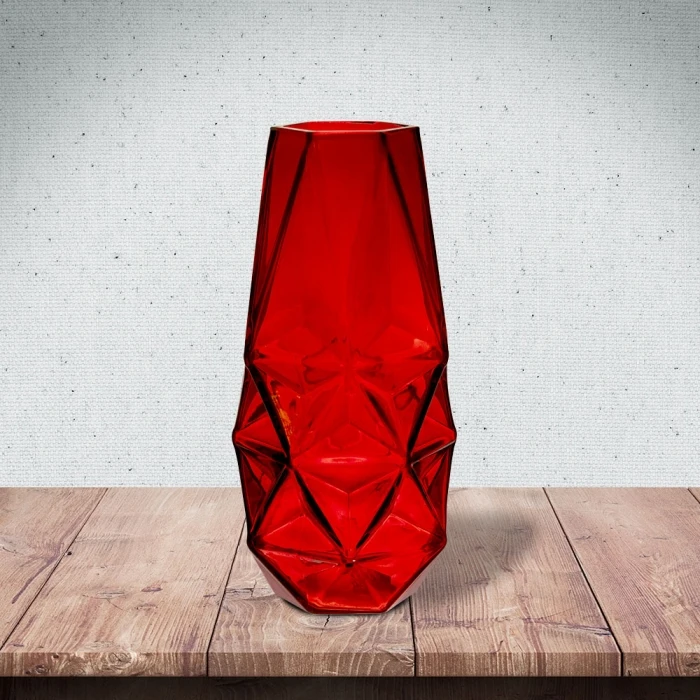 Red Glass Geometric Flower Vase, H-8" W-4.25" (Wholesale 12 PCS/Case) - Image 6