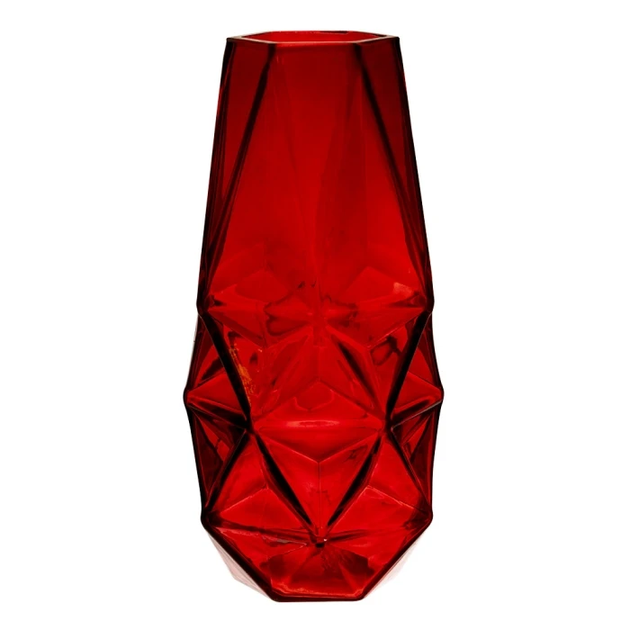 Red Glass Geometric Flower Vase, H-8" W-4.25" (Wholesale 12 PCS/Case) - Image 3