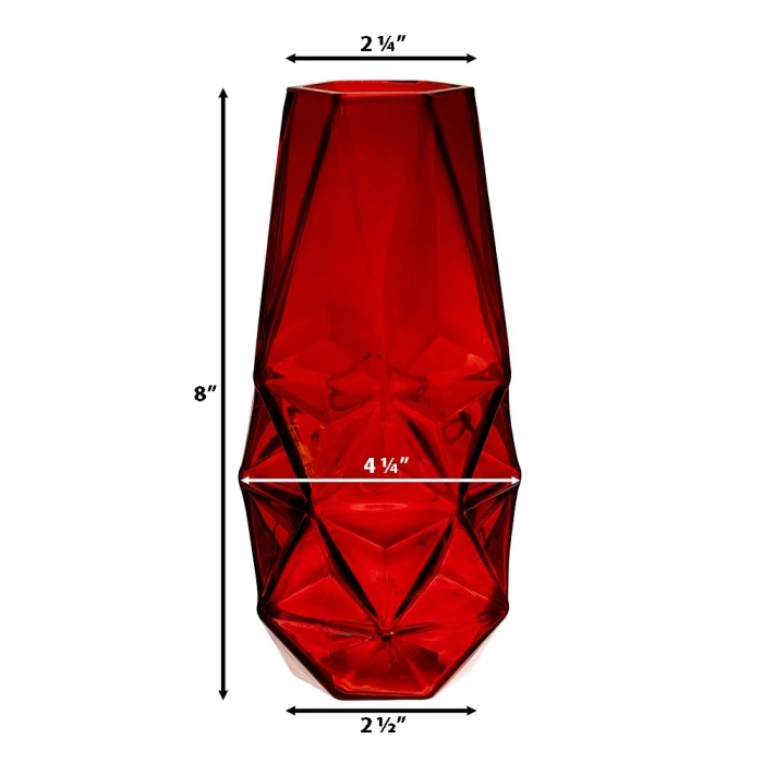Red Glass Geometric Flower Vase, H-8" W-4.25" (Wholesale 12 PCS/Case) - Image 2
