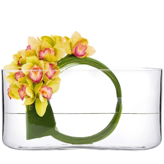 Glass Rectangle Round Edge Oval Vase, L-16"x W-3"x H-8" (Wholesale 4 PCS/Case)