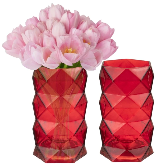 Red Glass Geometric Flower Vase, H-8" W-4" (Wholesale 12 PCS/Case) - Image 4