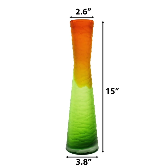 Carved Orange & Green Color Glass Vase H-15" D-4" (Wholesale 6 Pcs Per Case) - Image 2