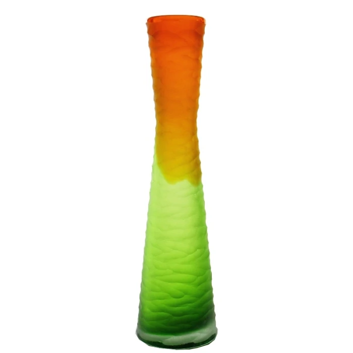 Carved Orange & Green Color Glass Vase H-15" D-4" (Wholesale 6 Pcs Per Case)