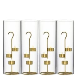Metal Gold Tea Light Stand H-11.75" D-4.25" With 14" Hurricanes Tubes (Wholesale 18 Sets/Case)
