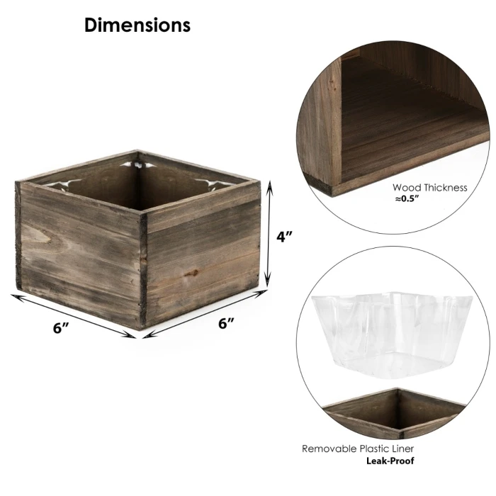Wood Square Planter Box With Plastic Liner, 6" X 6" X 4" (Wholesale 24 PCS/Case) - Image 2