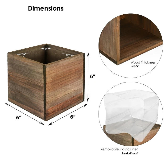 Natural Wood Cube Planter Box With Plastic Liner, 6" X 6" X 6" (Wholesale 12 PCS/Case) - Image 2