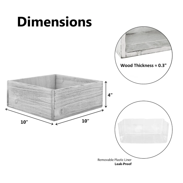 Wood Square White Wash Planter Box With Plastic Liner, 10" X 10" X 4" (Wholesale 6 PCS/Case) - Image 2