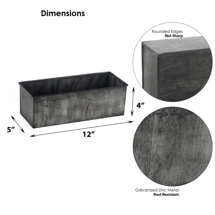 Iron Grey Finish Zinc Metal Rectangle Planter Box, 5" X 12" X 4" (Wholesale 6 PCS/Case) - Image 2
