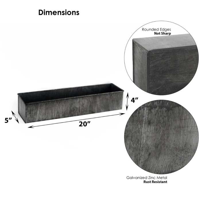 Iron Grey Finish Zinc Metal Rectangle Planter Box, 5" X 20" X 4" (Wholesale 4 PCS/Case) - Image 2