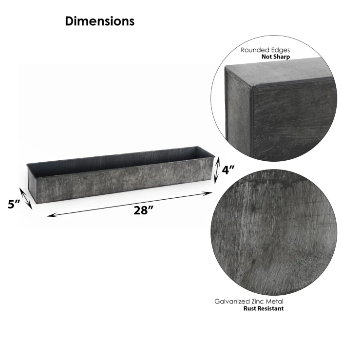 Iron Grey Finish Zinc Metal Rectangle Planter Box, 5" X 28" X 4" (Wholesale 4 PCS/Case) - Image 2