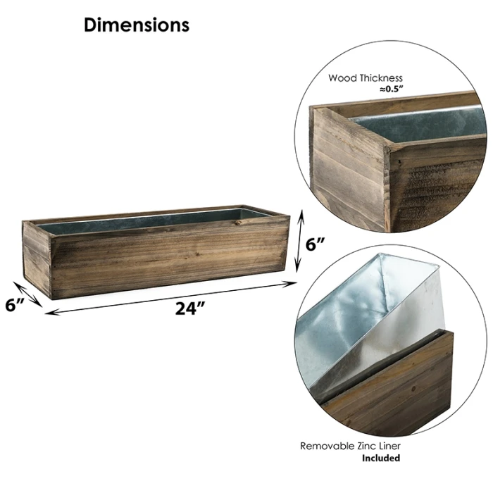 Wood Rectangle Planter Box With Metal Zinc Liner, 6" X 24" X 6" (Wholesale 4 PCS/Case) - Image 2