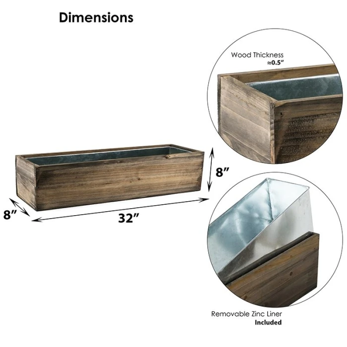 Wood Rectangle Planter Box With Metal Zinc Liner, 8" X 32" X 8" (Wholesale 2 PCS/Case) - Image 2
