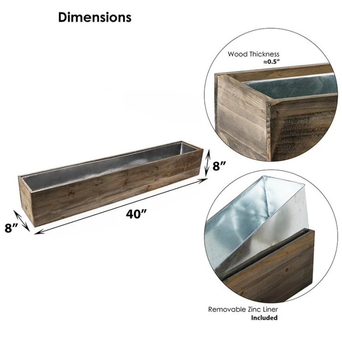 Wood Rectangle Planter Box With Metal Zinc Liner, 8" X 40" X 8" (Wholesale 2 PCS/Case) - Image 2