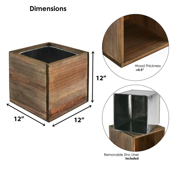 Wood Cube Planter Box With Zinc Metal Liner, 12" X 12" X 12" (Wholesale 2 PCS/Case) - Image 2
